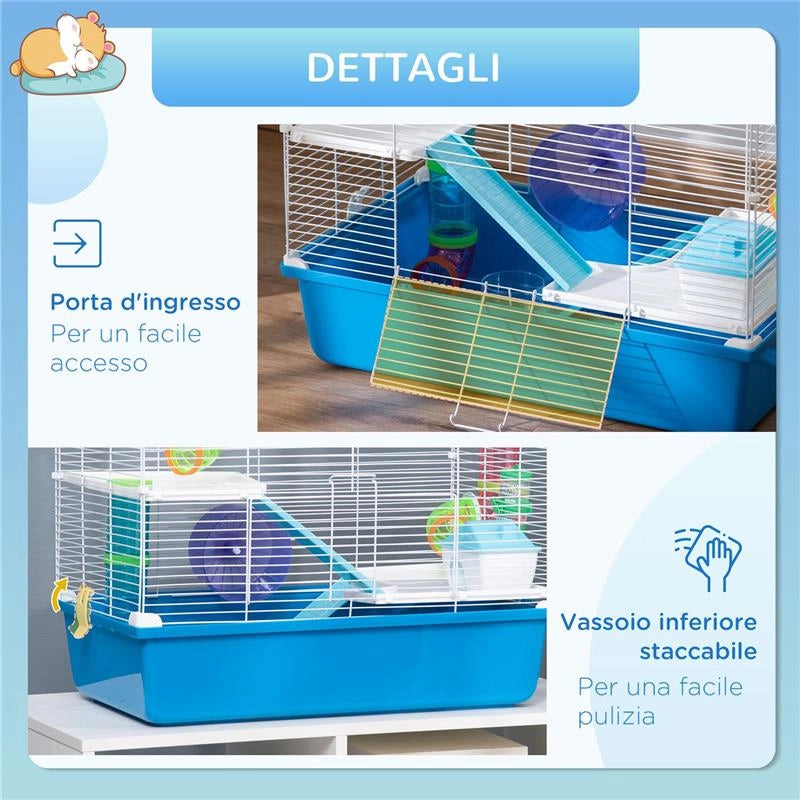 GABBIA PER CRICETI A 3 LIVELLI CON TUNNE CASETTA E RUOTA PER CRICETI 59X36X47CM BLU E BIANCO