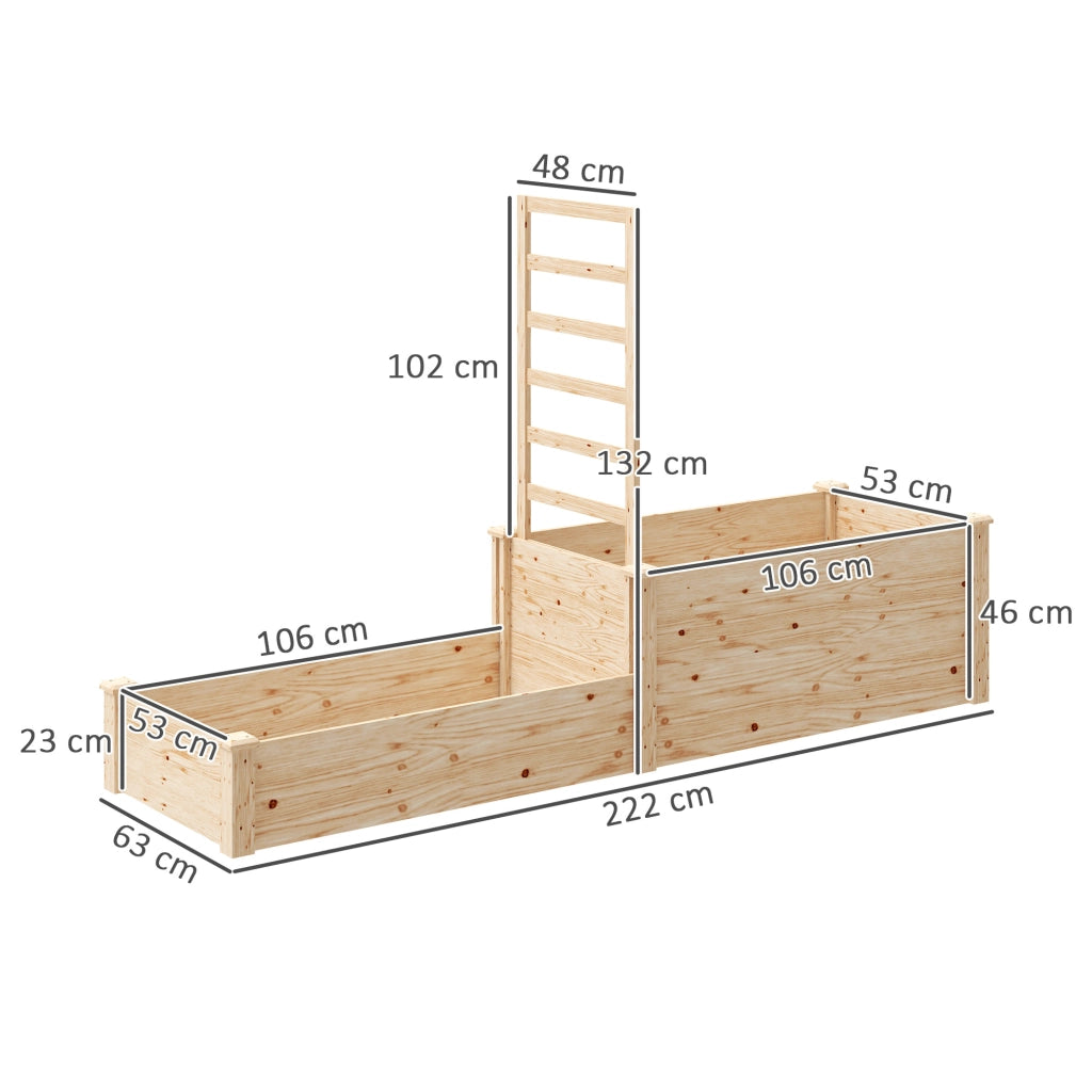 Fioriera Rialzata con Grigliato per Rampicanti e Divisorio, in Legno di Abete, 222x63x132 cm, color Legno