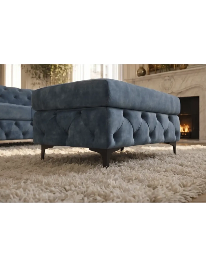 Divano ad angolo VELENA 4 posti con pouf - Velluto blu trapuntato - 235 x 74 x 157 cm