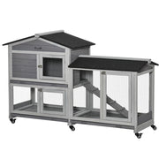 CONIGLIERA A 2 LIVELLI CON RETE PROTETTIVA E ROTELLE IN LEGNO E METALLO 157.4X53X99.5 CM GRIGIO
