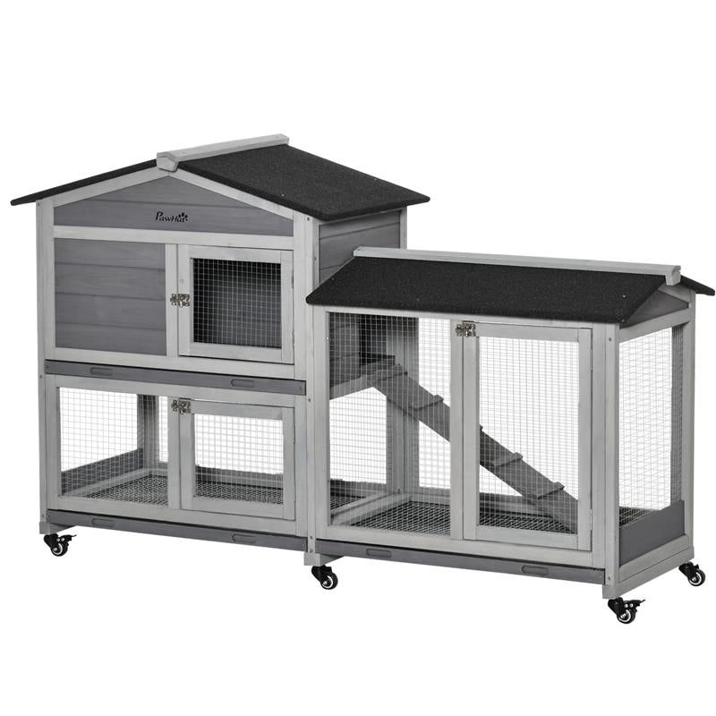 CONIGLIERA A 2 LIVELLI CON RETE PROTETTIVA E ROTELLE IN LEGNO E METALLO 157.4X53X99.5 CM GRIGIO