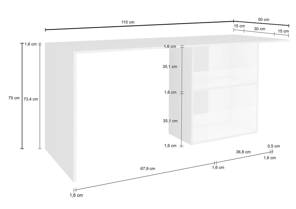 Antioco, Scrivania 2 Ripiani Made in Italy, 110x50x75h cm Bianco Lucido