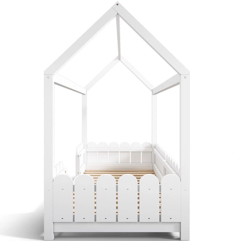 Letto a casetta per bambini 90x200 cm con protezione anticaduta e rete a doghe; legno e MDF bianco