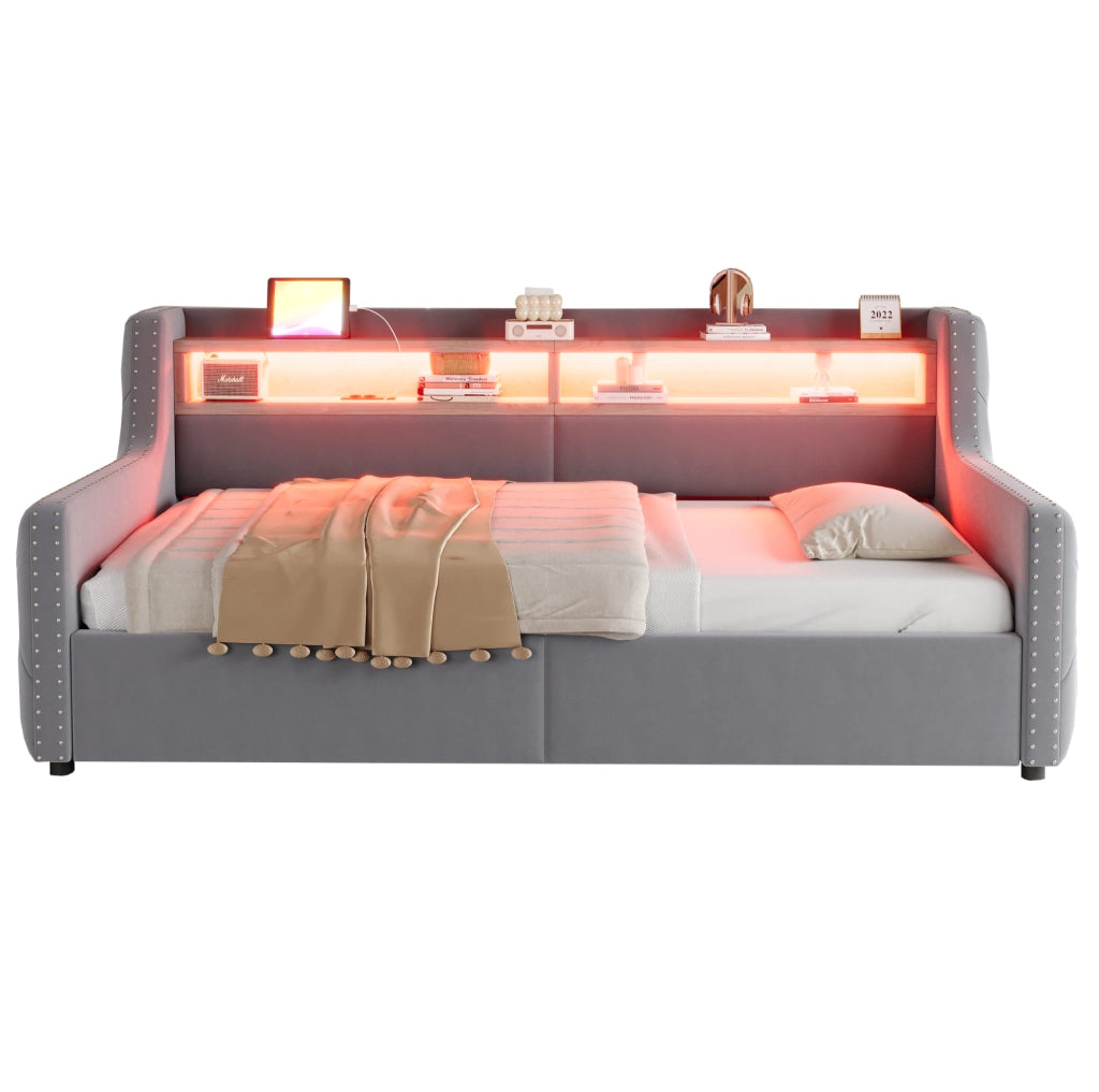 Divano letto ULEVR 90x200 cm con contenitore idraulico, LED, presa USB e Type-C, velluto grigio chiaro