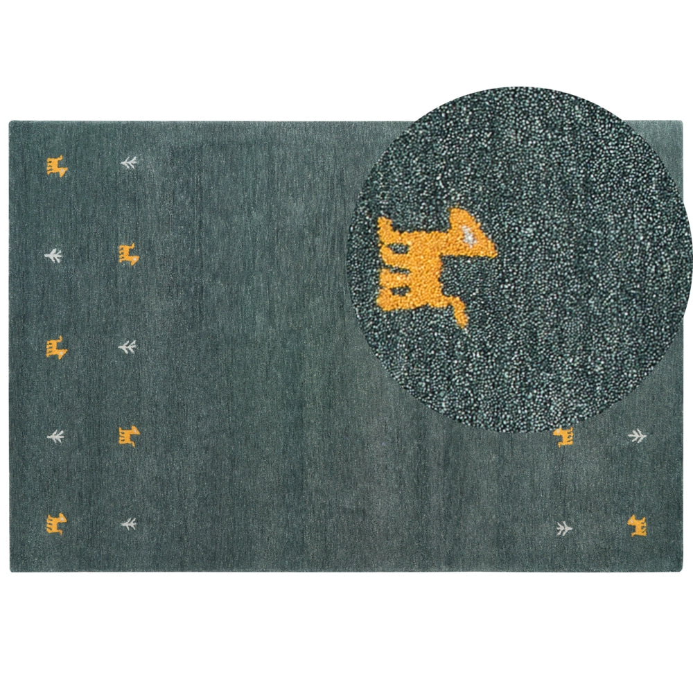 Tappeto Gabbeh in lana verde 200 x 300 cm, trapuntato a mano con motivi animali occidentali e design rustico