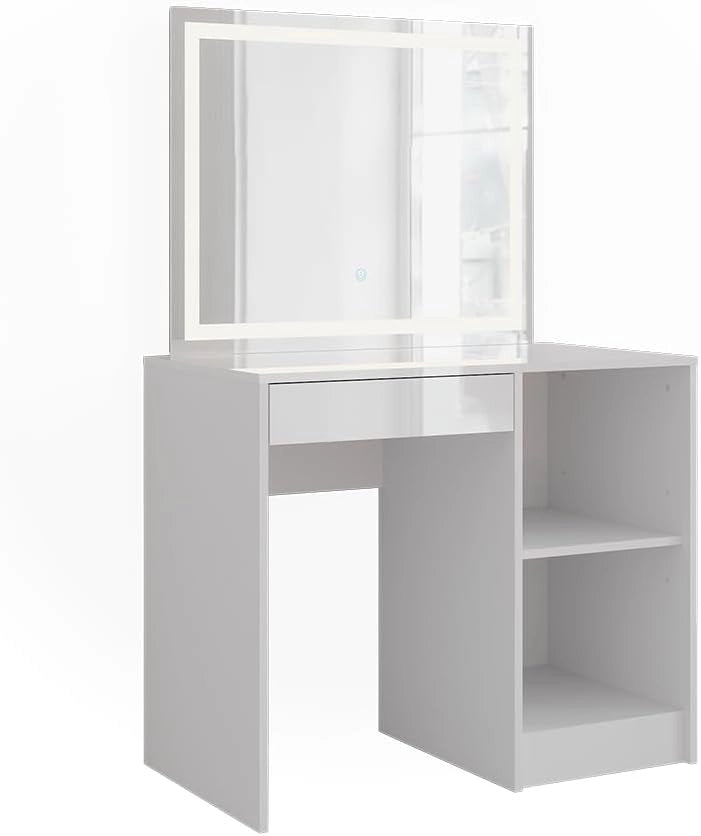Tavolo da toeletta Sherry, Bianco/bianco lucido, 89.8 cm con specchio LED, con piano d'appoggio e ripiani laterali