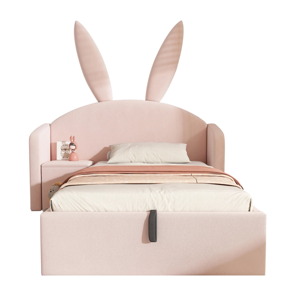 Letto contenitore 90x200 cm in velluto rosa con comodino contenitore