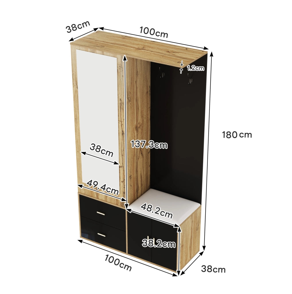 Mobile ingresso compatto nero e legno con specchio, attaccapanni estraibile, panca e scaffale porta scarpe