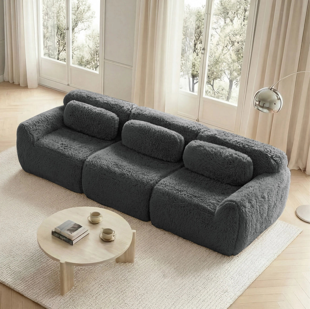 Divano angolare modulare senza struttura con base antiscivolo in peluche grigio