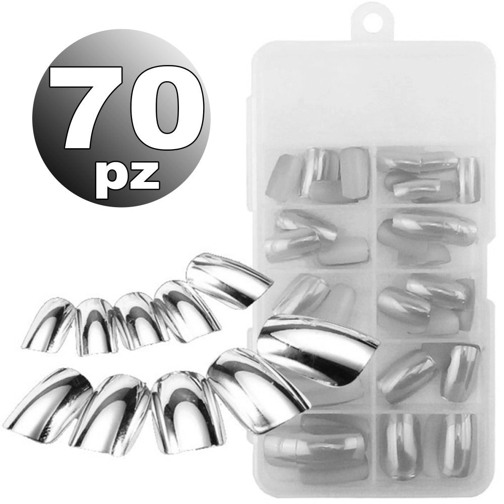 Trade Shop - Set 70 Tips Tip Per Mani Argento Mezze French Ricostruzione Unghie Finte Nailart -