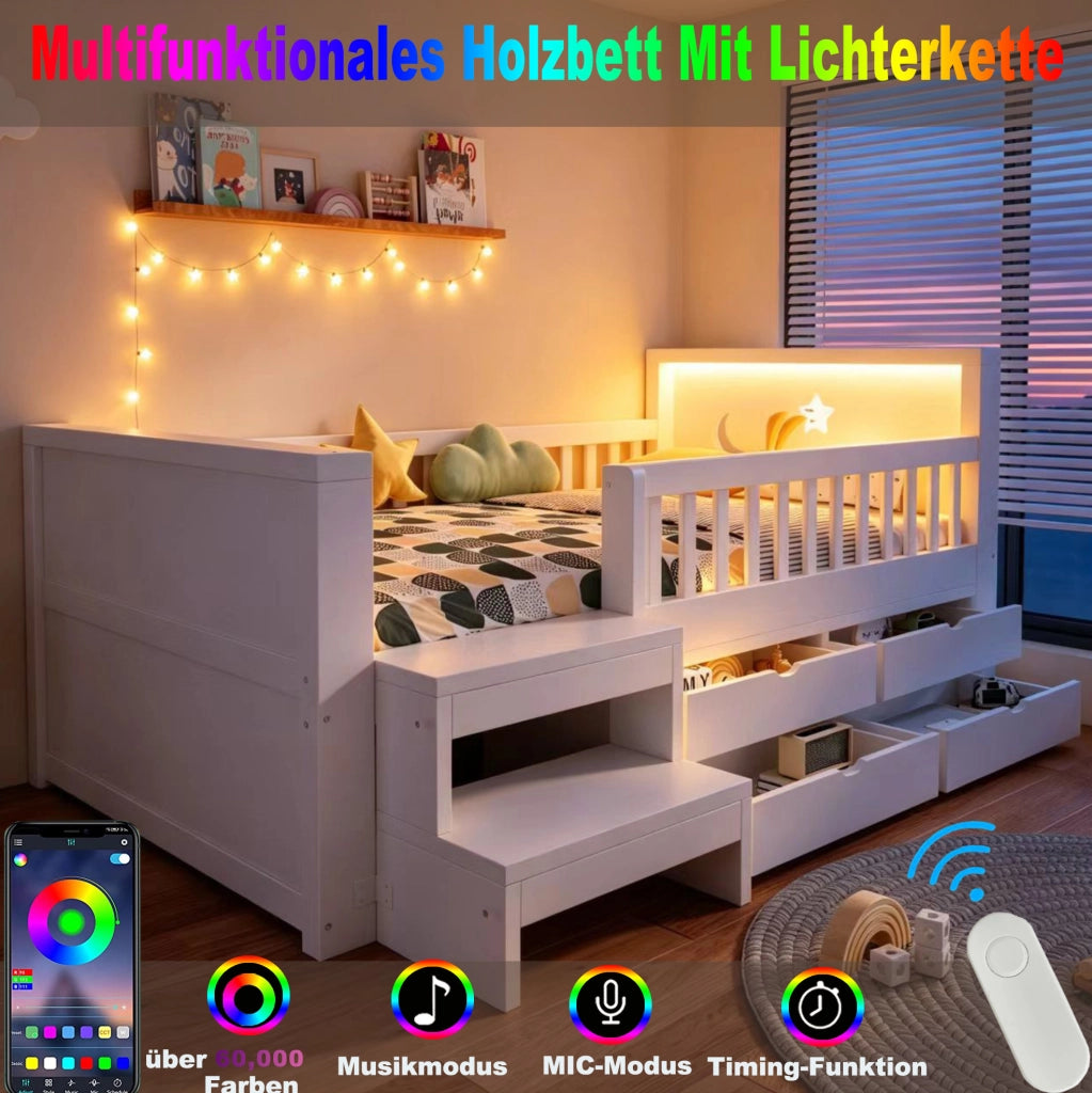 Letto bambini 90x200 cm in legno bianco con sponde; cassetti; scala e LED