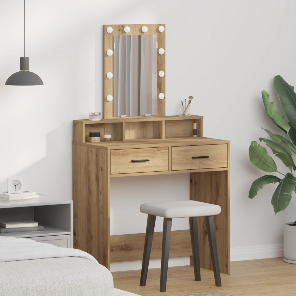 Tavolo da trucco  con luci LED in Rovere, artigianale, 79x41x140 cm