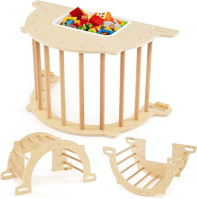 8 in 1 Arco da Arrampicata per Bambini, Altalena ad Arco in Legno con Contenitore Pieghevole, Palestra Montessori per Bambini 3 Anni + (90 × 50 × 48 cm)