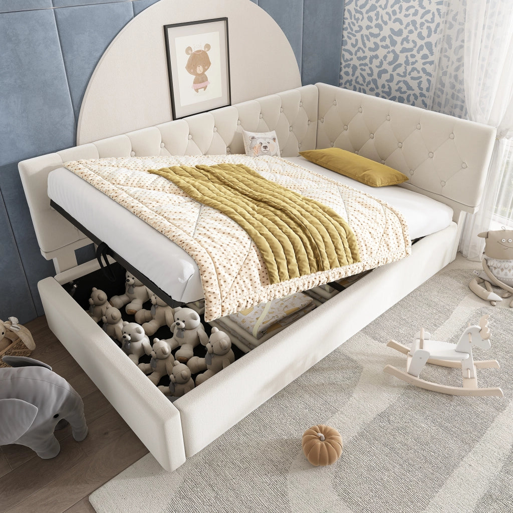 Daybed singolo – 90x190 cm – contenitore idraulico rete legno – velluto beige