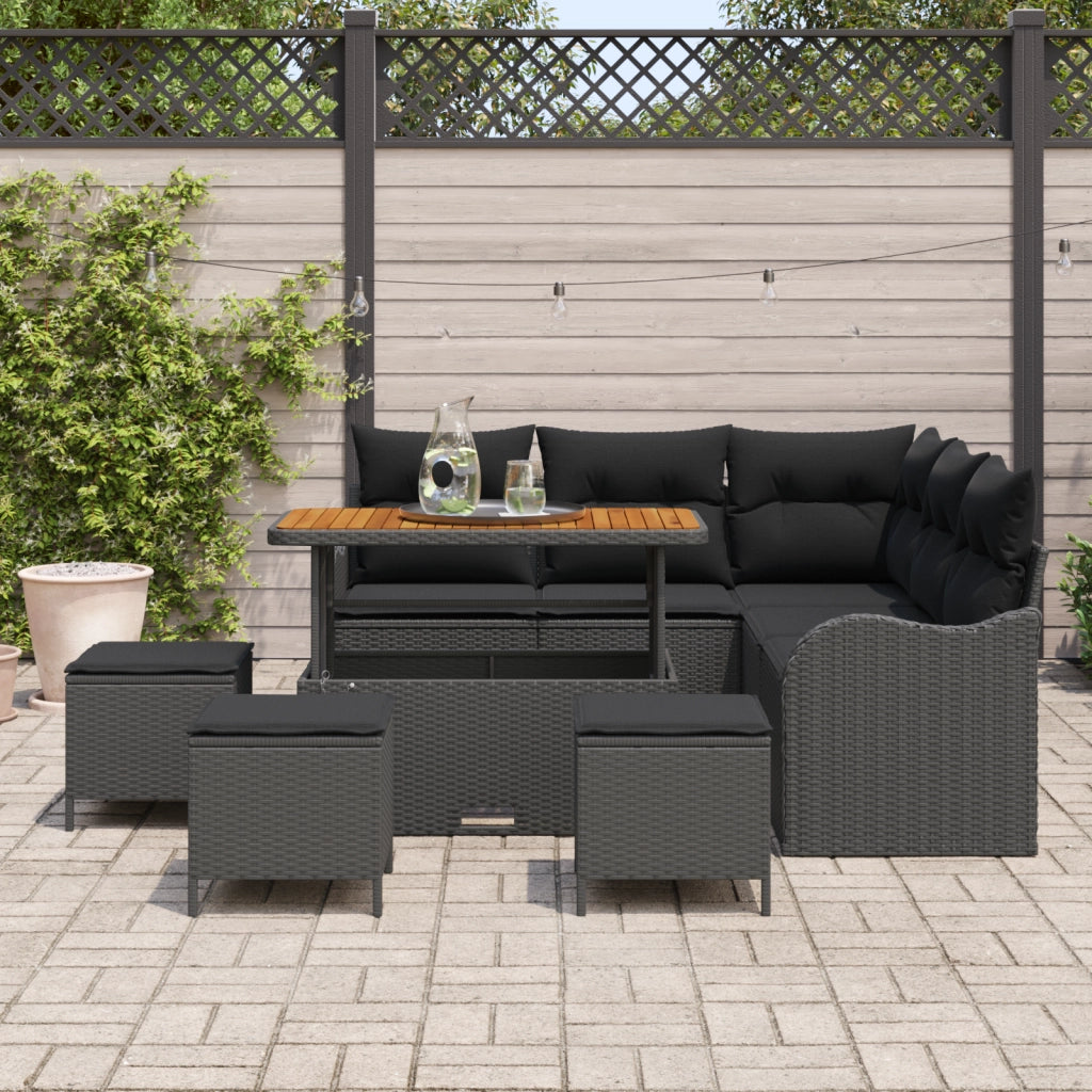 Set di Divani da Giardino  9 pezzi con Cuscini Rattan Polyrattan Acacia Nero