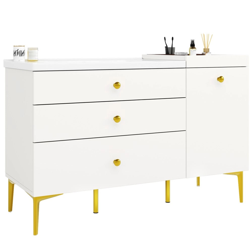 Mobile da Bagno con Lavabo in Ceramica, Cassetti e Ante ¨C Xylo ¨C Bianco e Oro