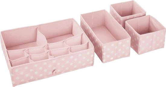 Organizzatore per l'armadio, per l'organizzazione di lattine, con 13 contenitori, organizzatore per abbigliamento, cosmetici, asciugamani, lenzuola e creme, set di 4, rosa/bianco