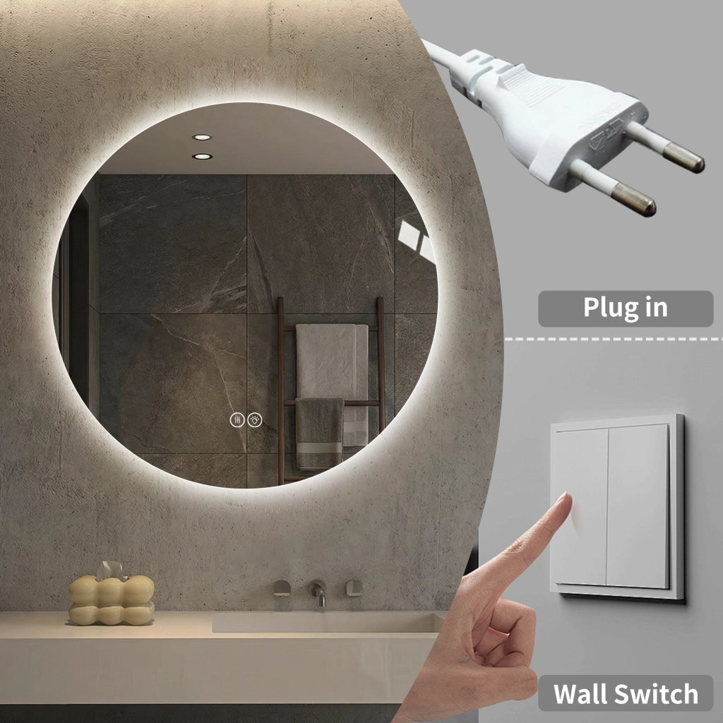 Specchio luminoso da bagno rotondo con luce frontale e posteriore antiappannamento dimmerabile in vetro argento