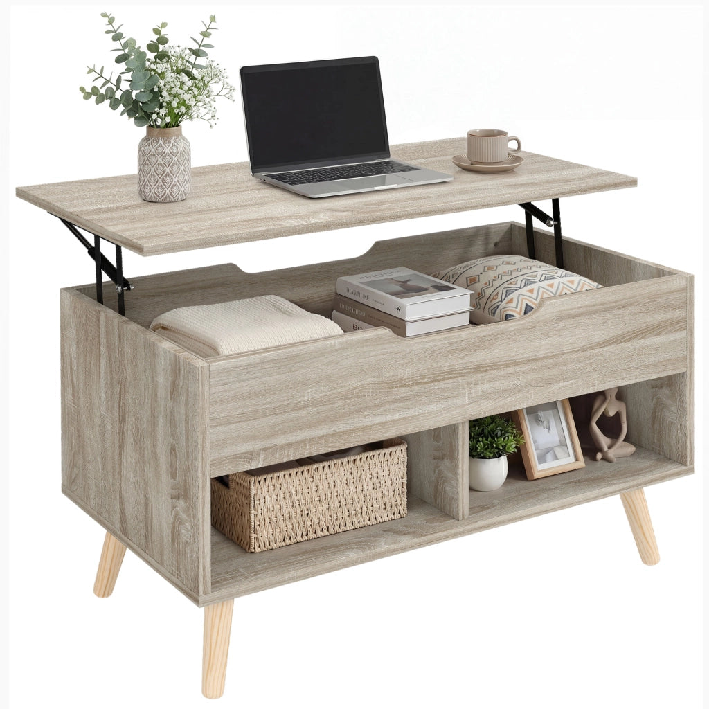 Tavolino da salotto con ripiano sollevabile e scaffali aperti ¨C zephmum ¨C legno naturale 75x40x58 cm