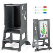 Torre per bambini con 3 penne lavagna bianca e nera piattaforma e gradino regolabili, Sgabello per bambini porta 70kg Grigio-Per i bambini