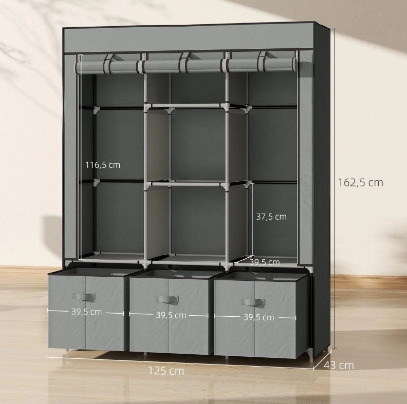 Armadio in tessuto grigio chiaro 125 x 43 x 162,5 cm con 2 barre e 3 cassetti