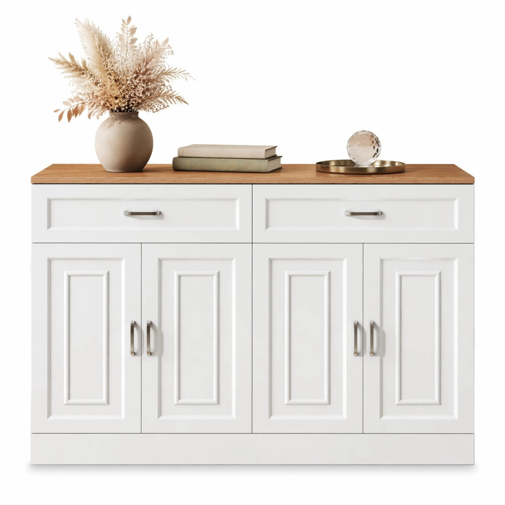 Sideboard moderno in legno e bianco con 4 ante e 2 cassetti, 120x35x80,5 cm