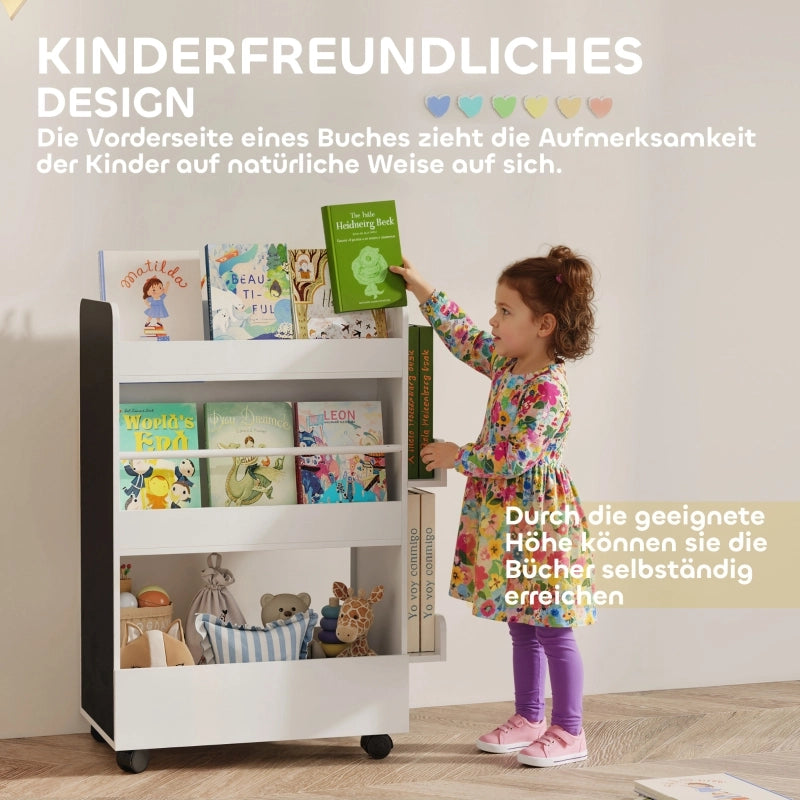 LIBRERIA PER BAMBINI 66,5x32,5x86,5 cm Bianca con ruote e lavagna