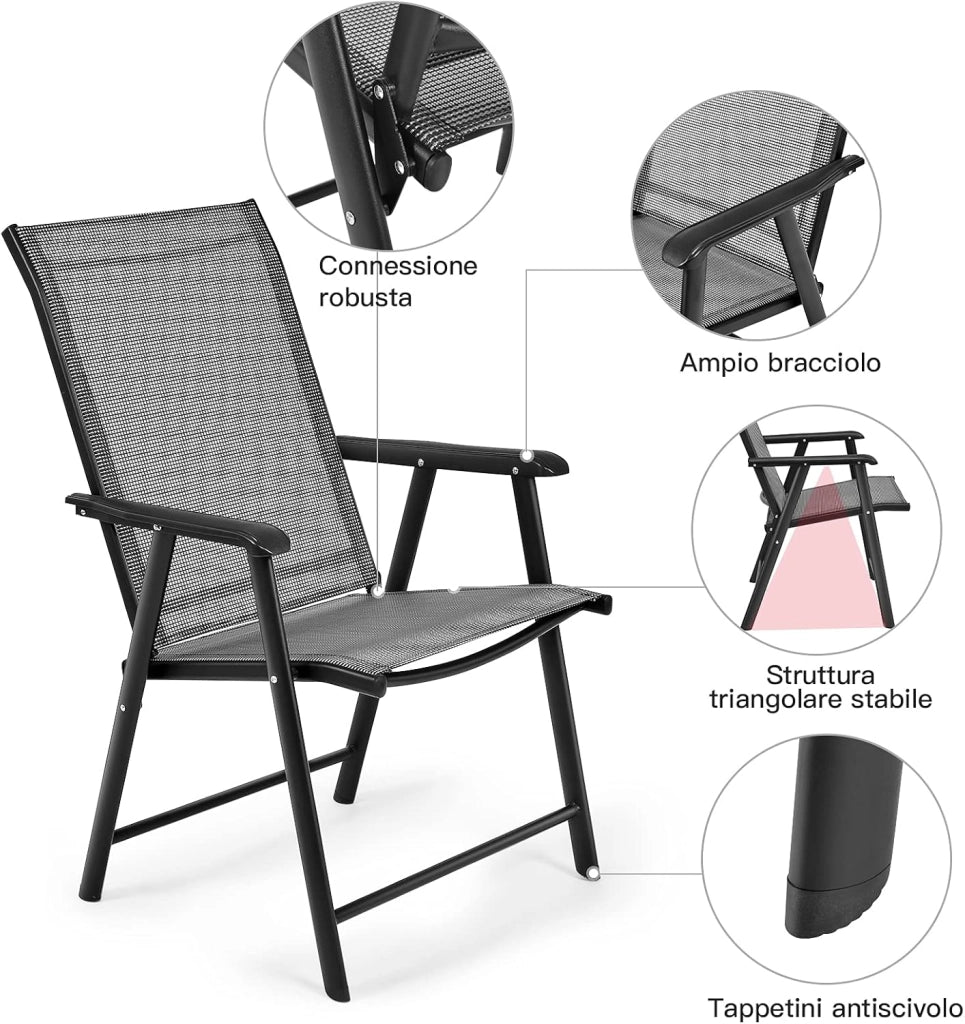 Set di 2 Sedie Giardino Pieghevoli, Poltrona da Esterno con Struttura in Metallo, con Braccioli, Ideale per Campeggio Spiaggia, Portata 100 kg, 68 x 59 x 93cm (Grigio)
