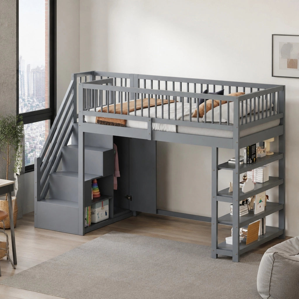 Letto a soppalco 90 x 200 cm in legno massello grigio con armadi; ripiani e scala di sicurezza
