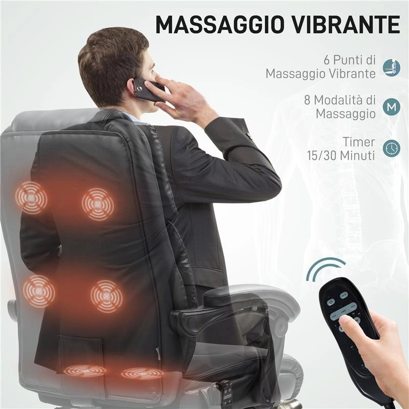 SEDIA DA UFFICIO MASSAGGIANTE E RISCALDATA CON SCHIENALE RECLINABILE E POGGIAPIEDI IN PELLE PU NERO
