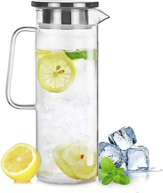 Karaf in vetro con coperchio in acciaio inossidabile - caraffa per acqua per tè freddo e bibite zuccherate - 12 litri / 42 oz