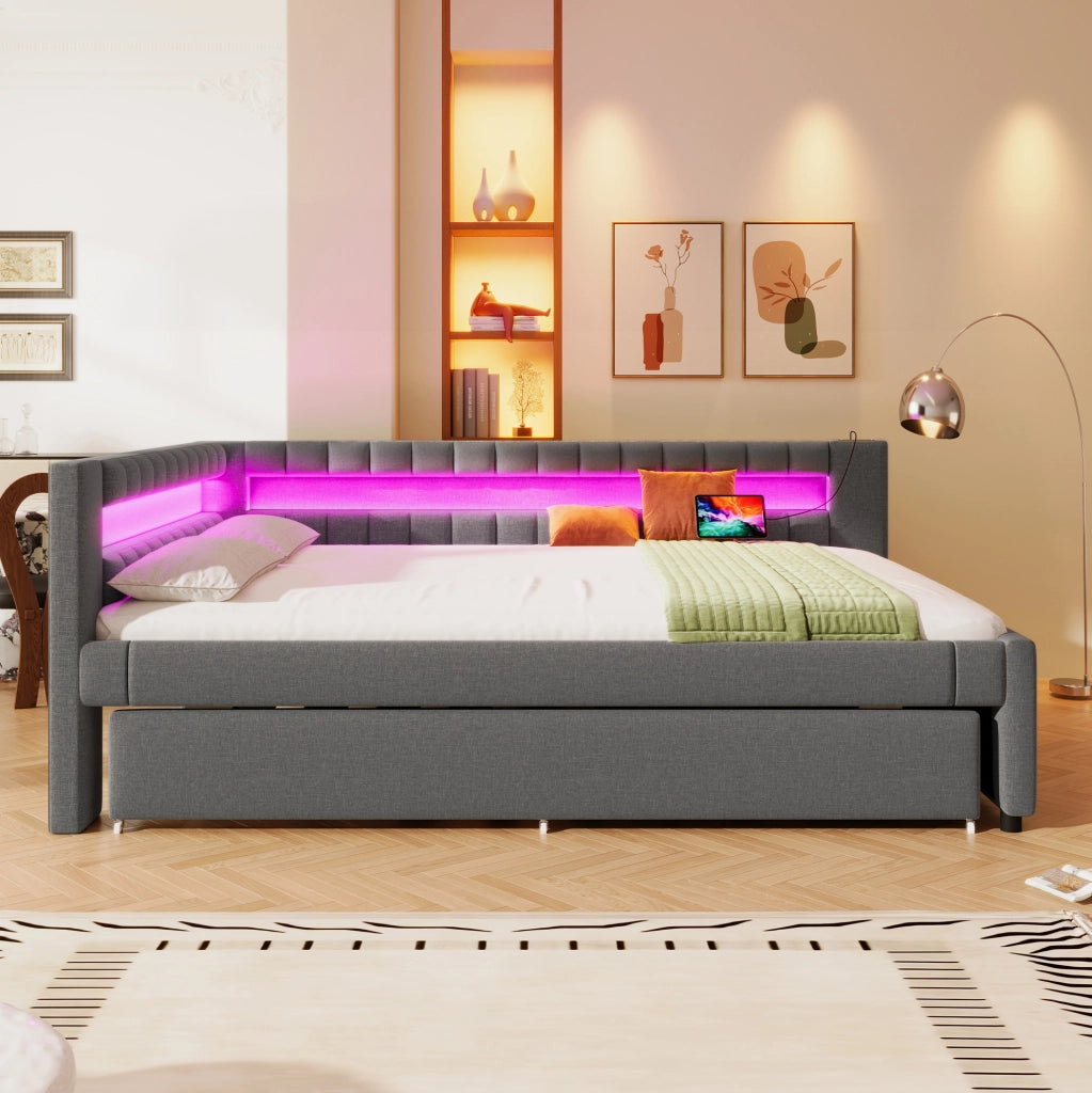 Letto 140x200 cm con letto estraibile e striscia LED in lino grigio