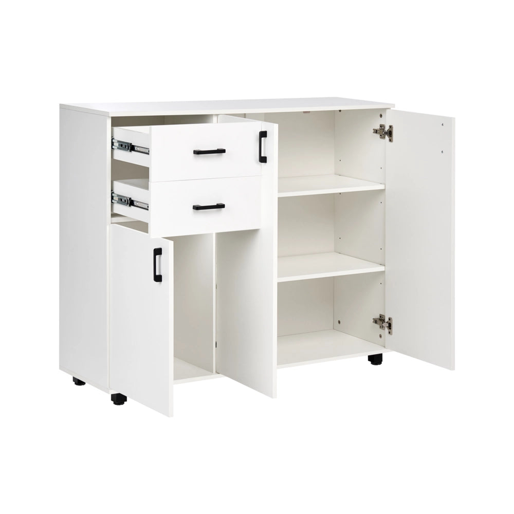 Set da ingresso in truciolato bianco con portaoggetti, scarpiera, ganci appendiabiti e specchio