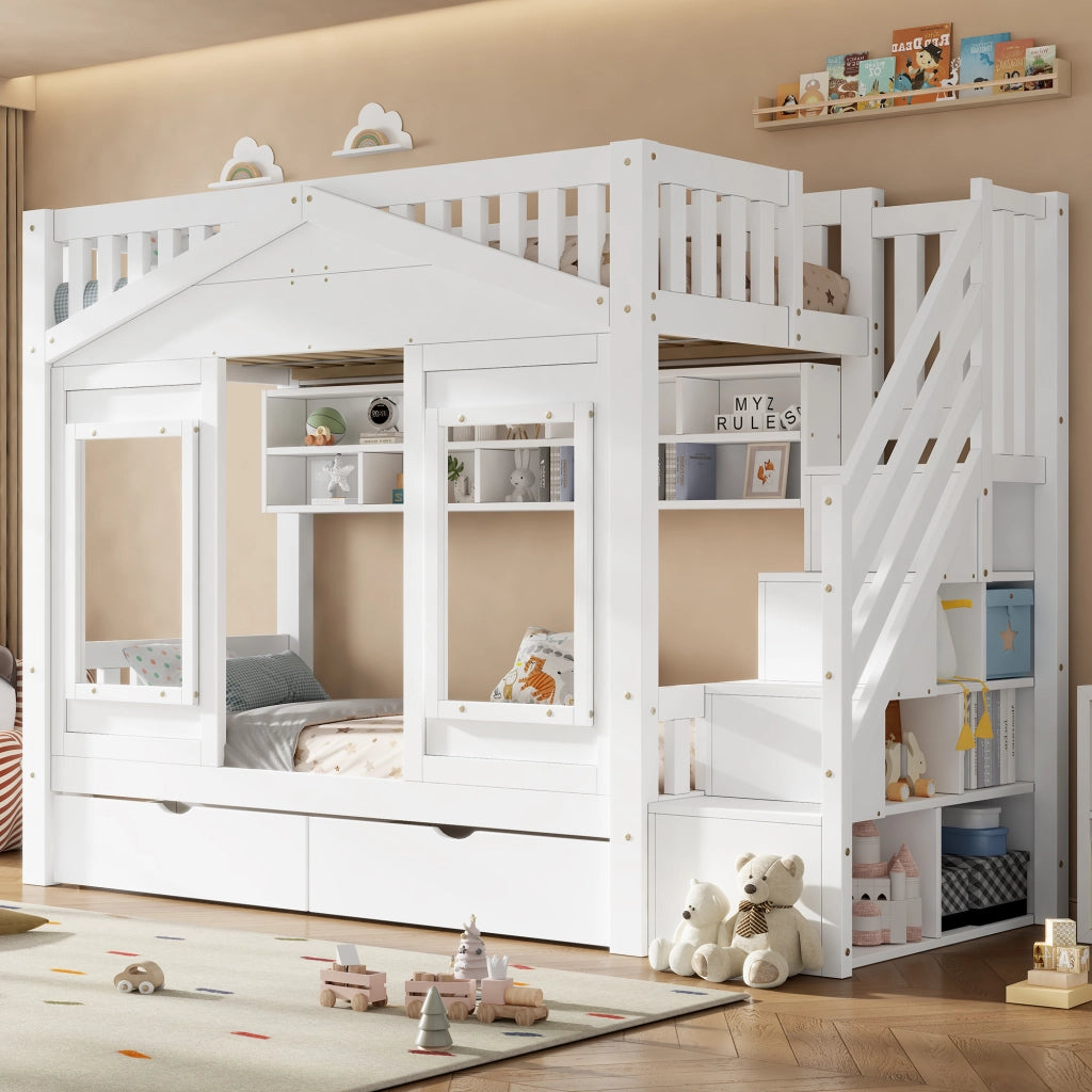 Letto a soppalco per bambini 90x200 cm con scala contenitore; finestra decorativa; parapetto; legno massello; bianco