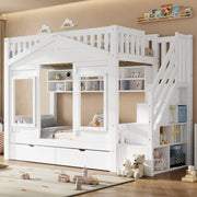Letto a soppalco per bambini 90x200 cm con scala contenitore; finestra decorativa; parapetto; legno massello; bianco