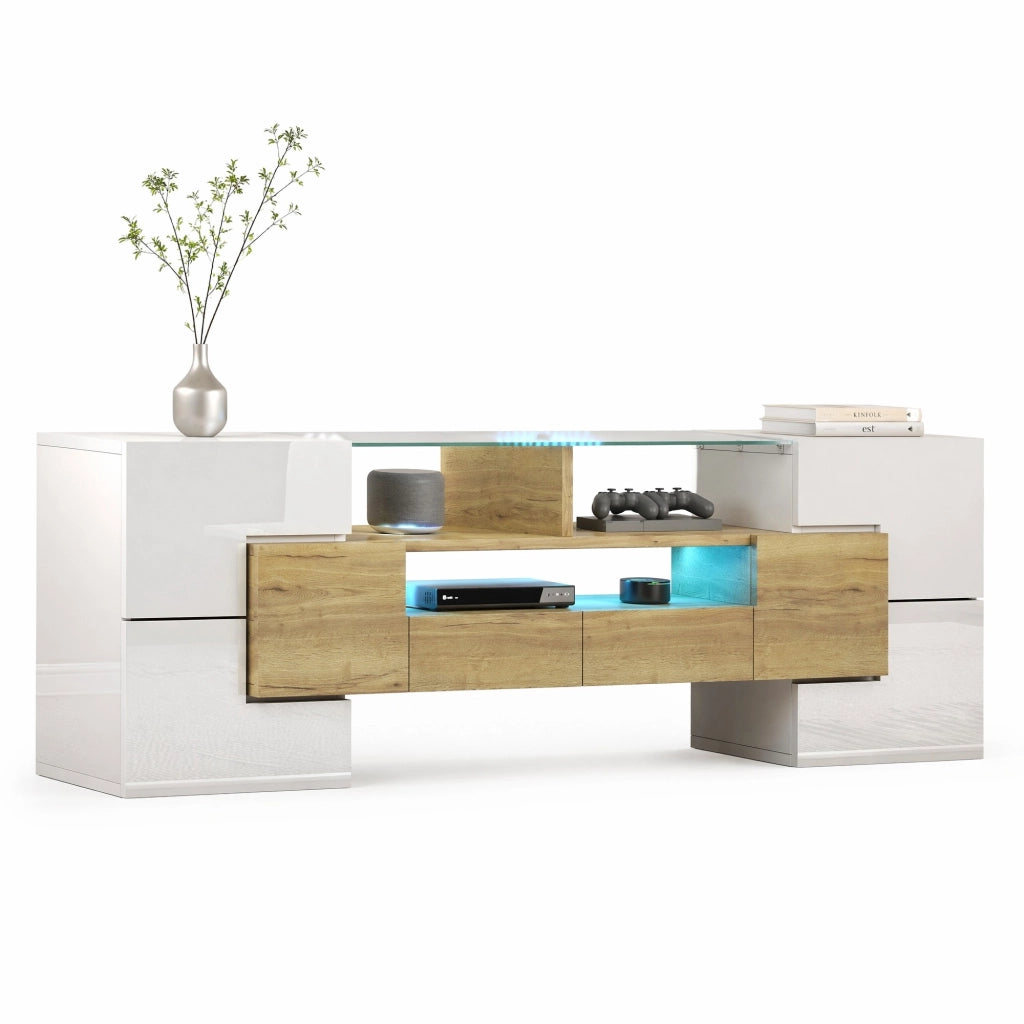Mobile TV moderno bianco e oro con LED, 145 x 30 x 51 cm