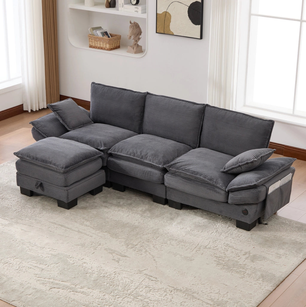 Divano modulare 3 posti con pouf 260x132x84 cm in tessuto a coste grigio scuro; USB-C