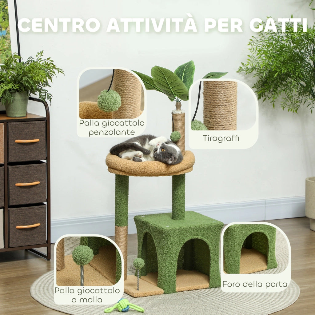 Albero Tiragraffi per Gatti con Casetta Lettino e Palline  44x30x98 cm Verde e Marrone