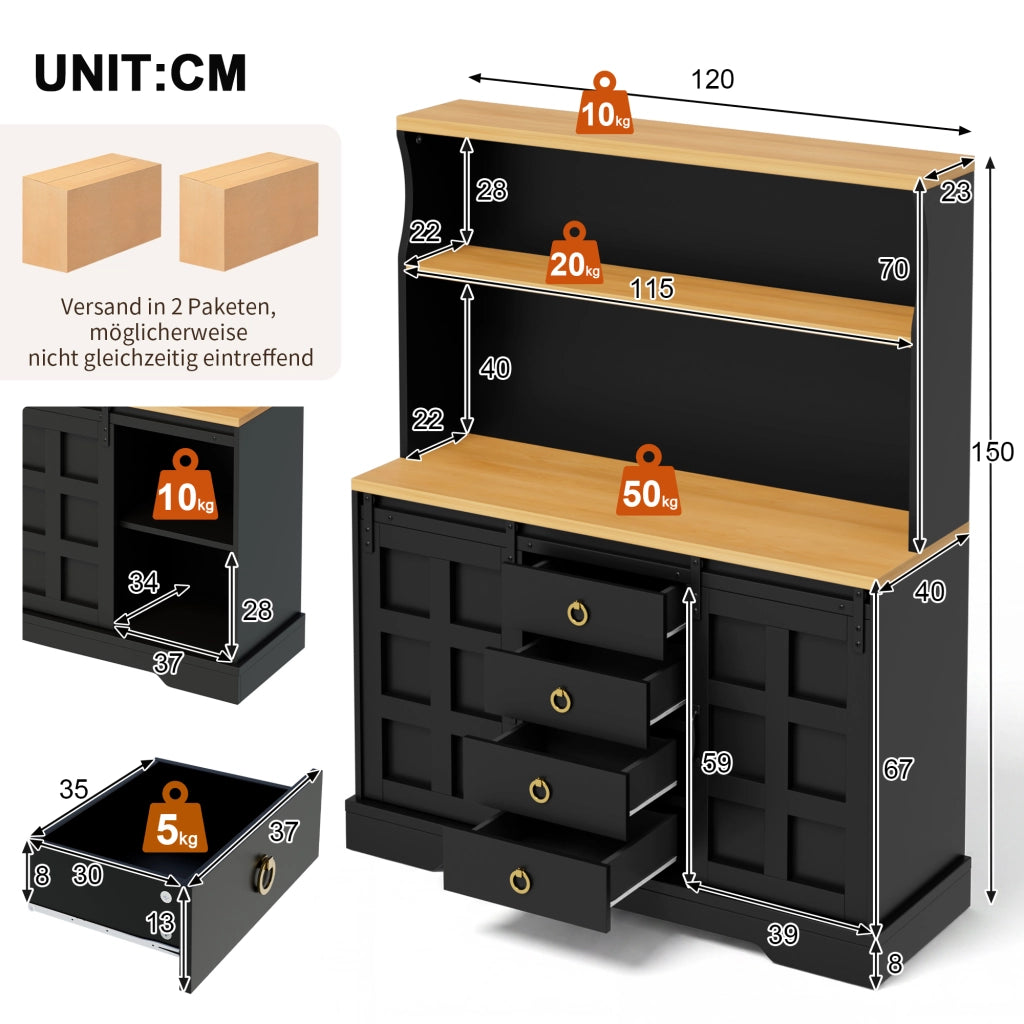 Credenza e madia con 2 ante scorrevoli, 4 cassetti e LED RGB, per cucina e sala da pranzo, nero, 120 × 40 × 150 cm