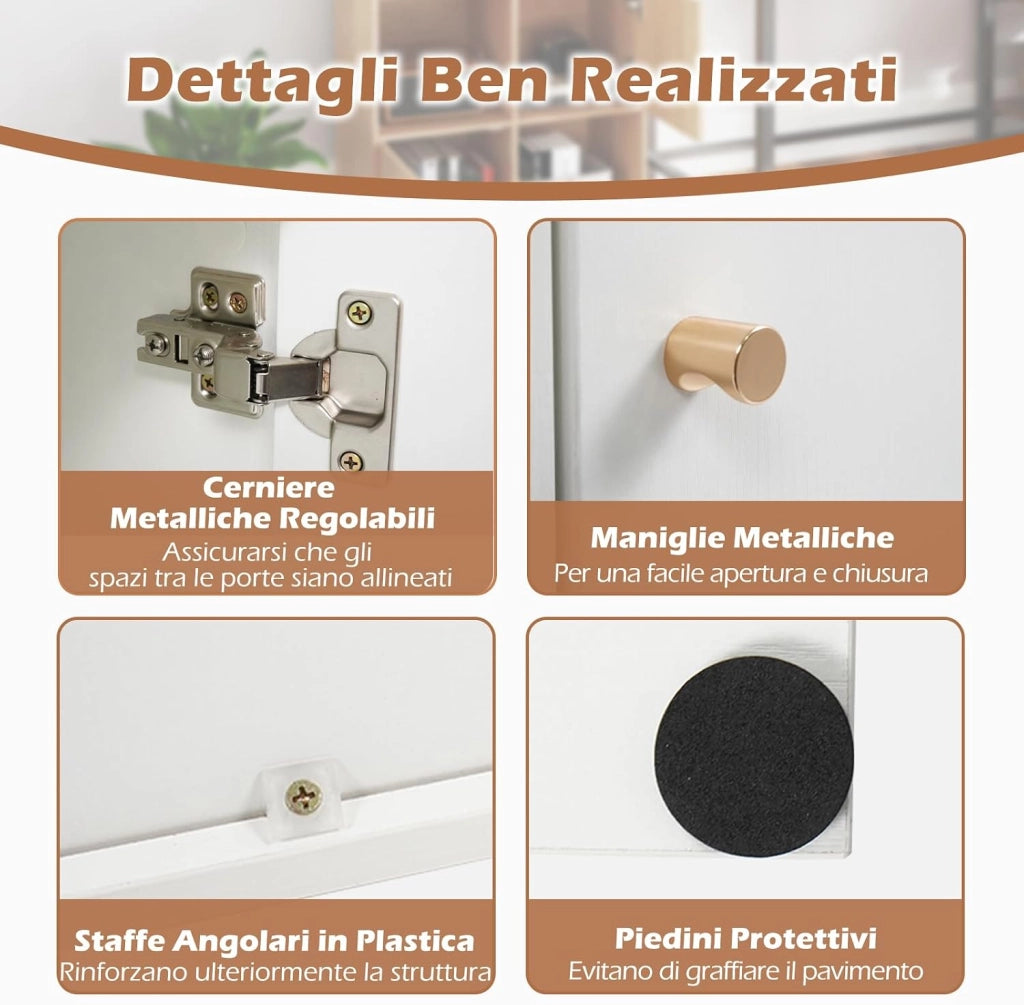 Libreria a 4 Cubi, Scaffale a 3 Piani con Doppio Kit Anti-Ribaltamento e 2 Armadietti, Organizzatore da Terra in Legno per Ufficio, Soggiorno e Camera da Letto, 60 x 29 x 60 cm
