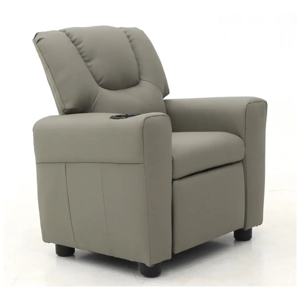 Poltrona relax ITCHI reclinabile manualmente in materiale PU di colore grigio.