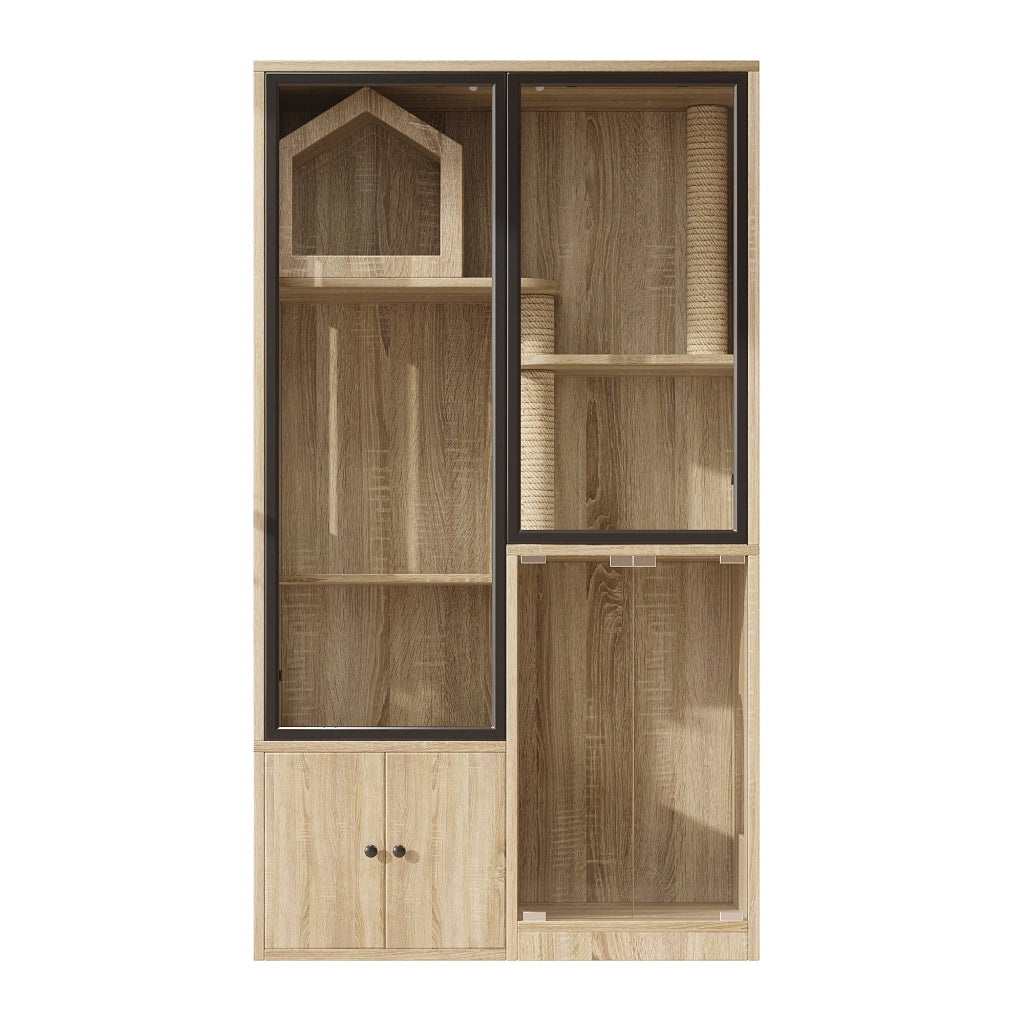Recinto per gatti a 4 livelli in MDF e vetro temperato, 90 x 50 x 160 cm, colore naturale