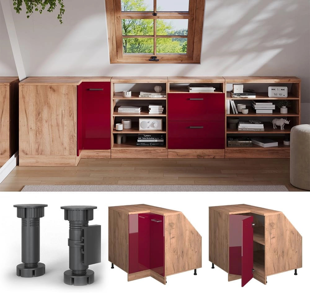 Mobile sottotetto Mobile angolare Rion, Rosso lucido, 75.6 x 81.6 cm con 1 porta, carcassa dell’armadio profondità 60 cm, adatto per il salvaspazio sotto tetti spioventi