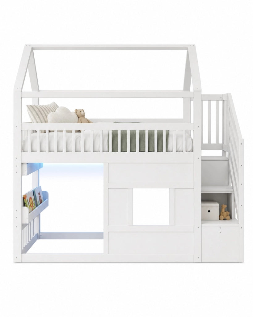 Letto a Soppalco 90x200 cm; Letto Singolo - Scala con 2 vani; LED - in MDF e Pino - Bianco
