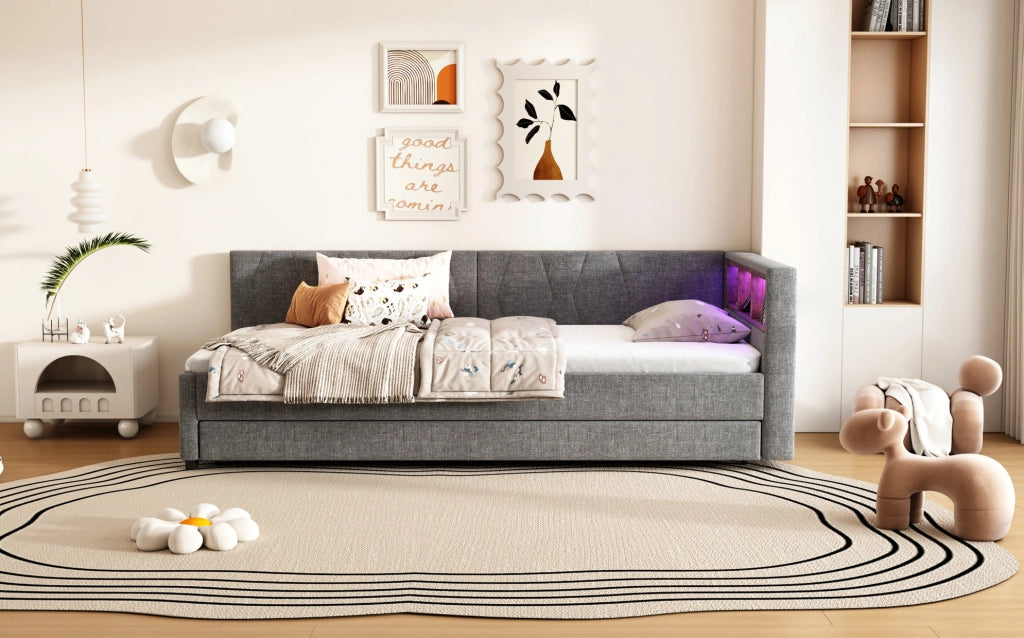 Letto Daybett 90x200 cm in lino e MDF grigio con divano letto estraibile, prese USB e LED multicolore