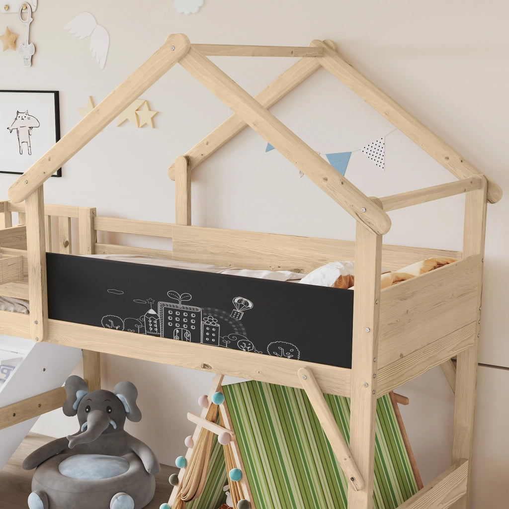 DESMIU Letto a castello 1 posto con barriera, lavagna e 3 vani nella scala, 90 × 200 cm, senza materasso
