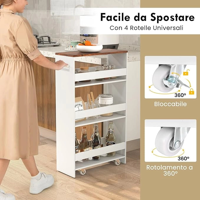 Carrello Portaoggetti da Cucina, Scaffale con Maniglia Laterale e Ruote, Carrello Salvaspazio con 3 Scaffali Stretti, 47,5x20x80,5 cm (Marrone+Bianco 47,5x20x80,5 cm)