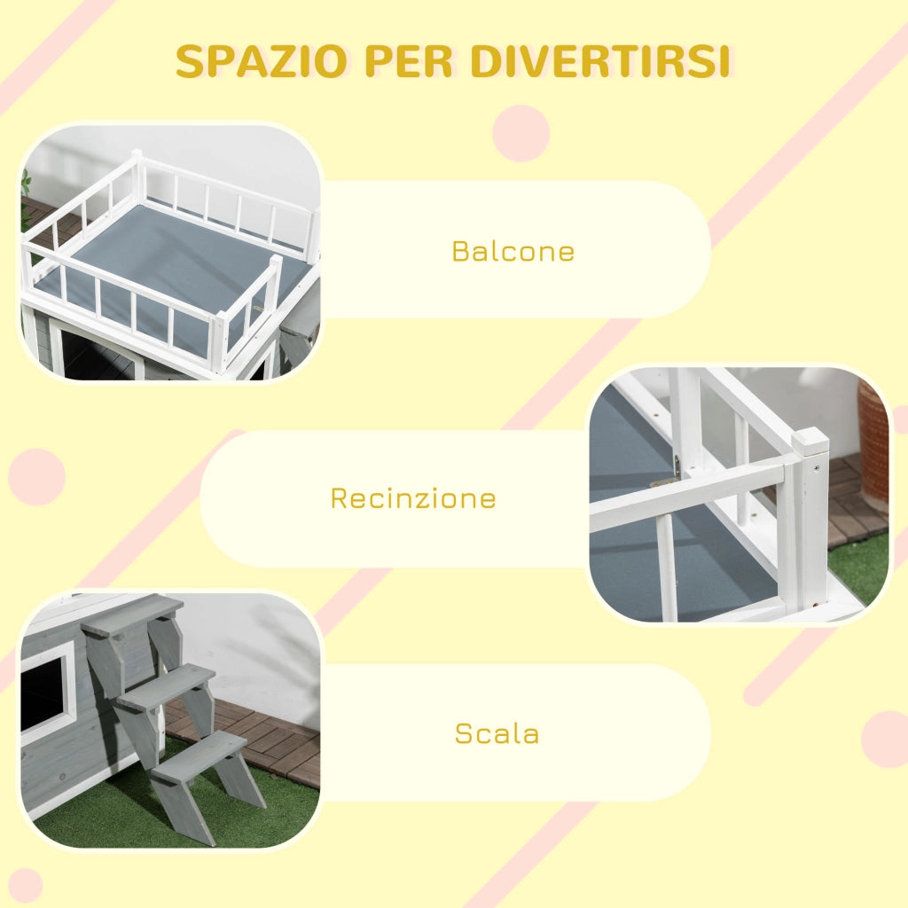 Casetta per Cani con Terrazza Scaletta e Finestra 121x77x78cm Grigio chiaro