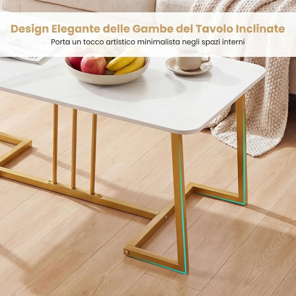 Tavolino da Caffè Rettangolare, Tavolino da Salotto Moderno con Ampio Piano in Effetto di Marmo e Gambe in Metallo Dorato, Perfetto per Soggiorno, Ufficio e Studio, 90 x 50 x 41,5 cm