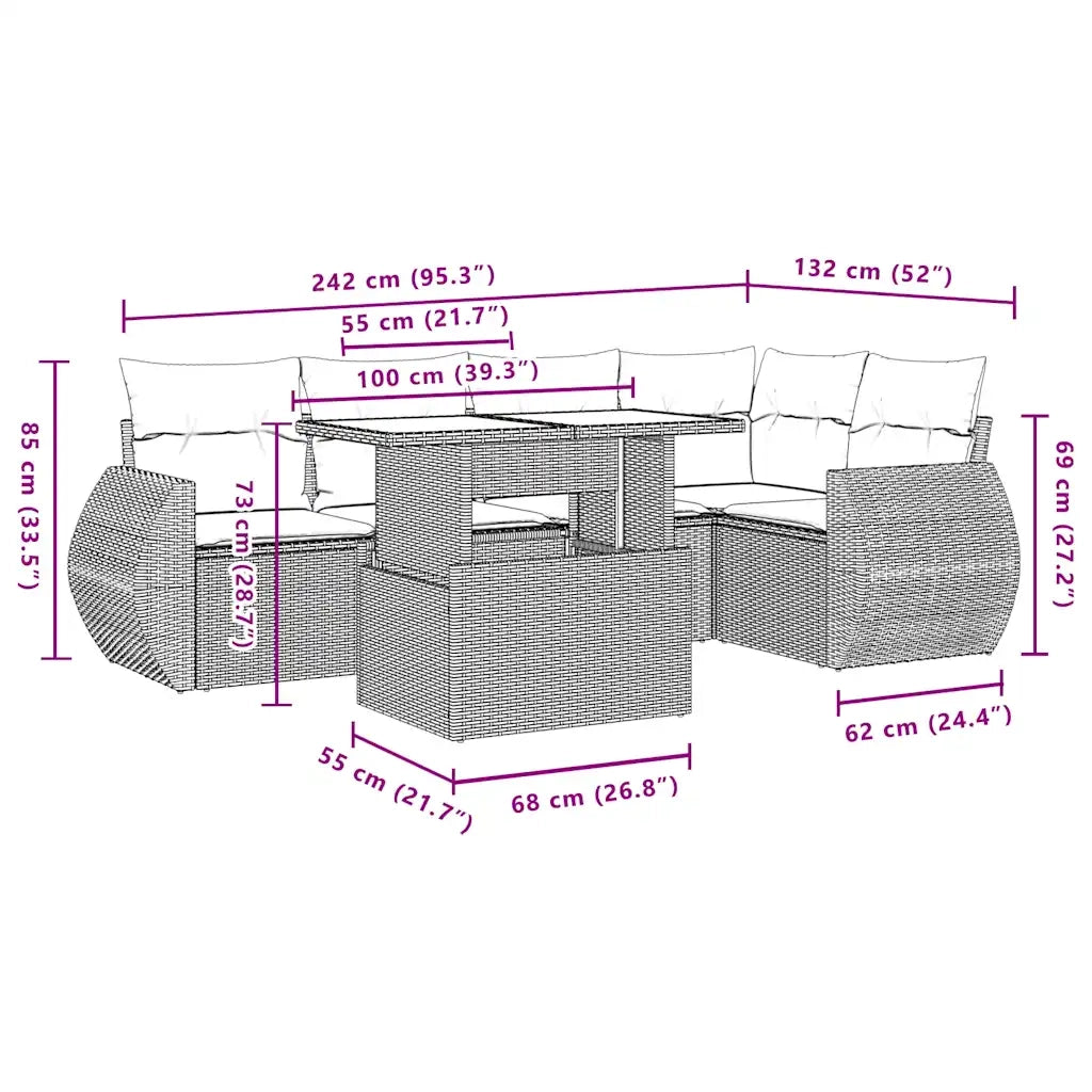 Set Divani da Giardino 6 pz con Cuscini Marrone in Polyrattan 3268524